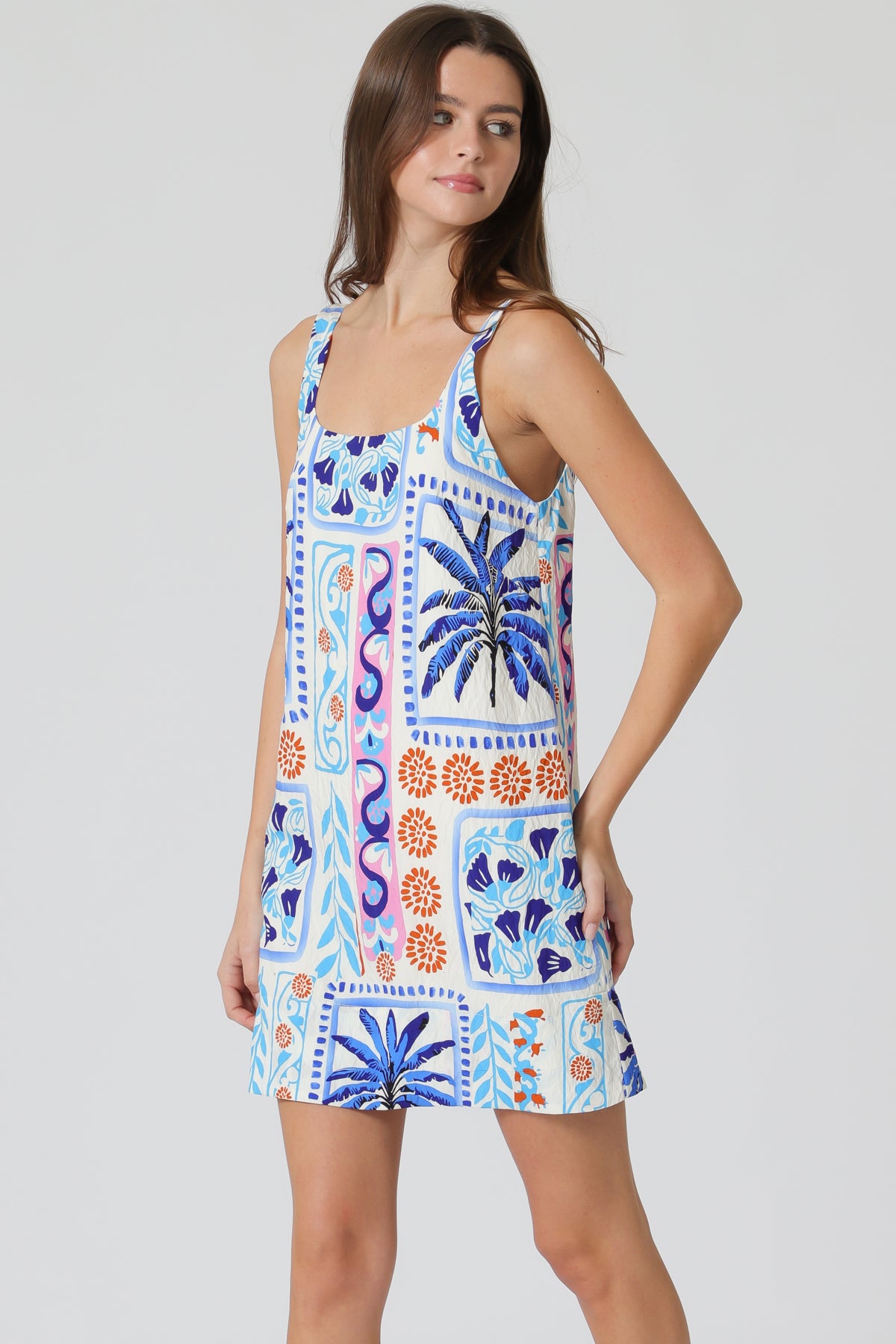 Tropical Print Sleeveless Shift Dress