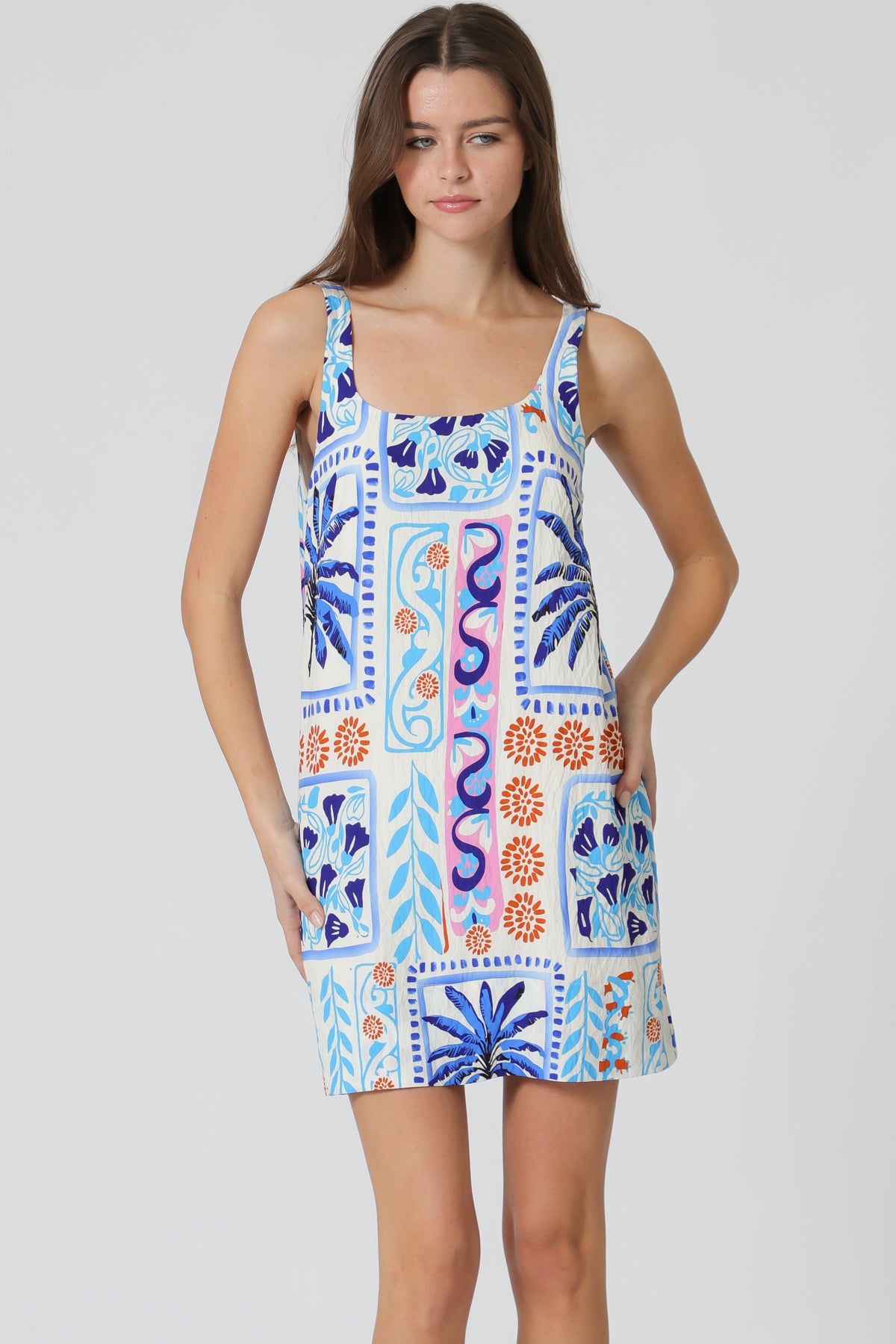 Tropical Print Sleeveless Shift Dress