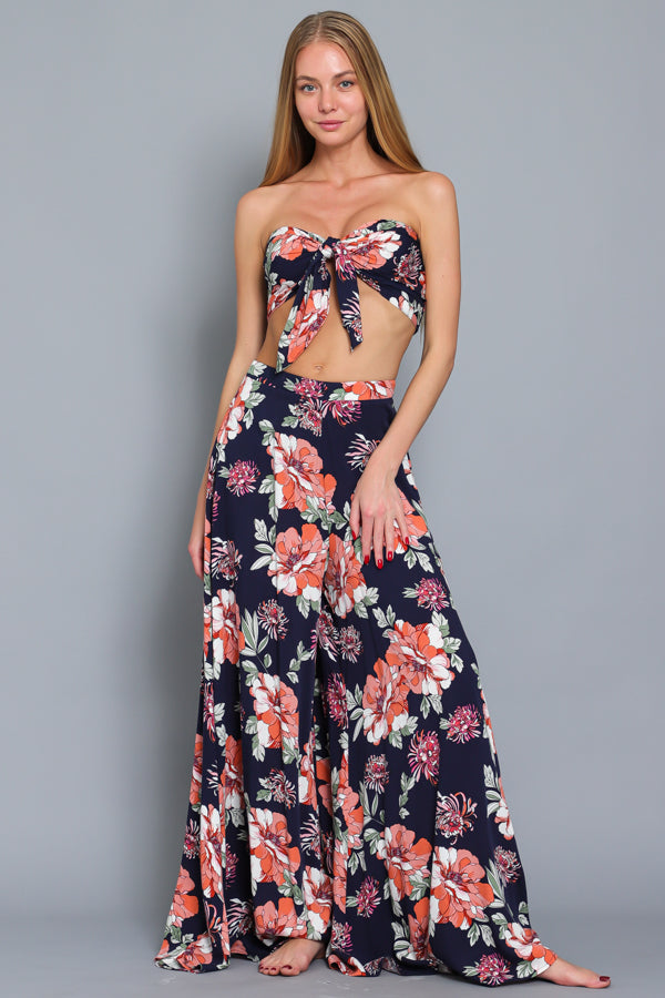Floral Tie Bodice Top and Ultra Wide Leg Pant Set
