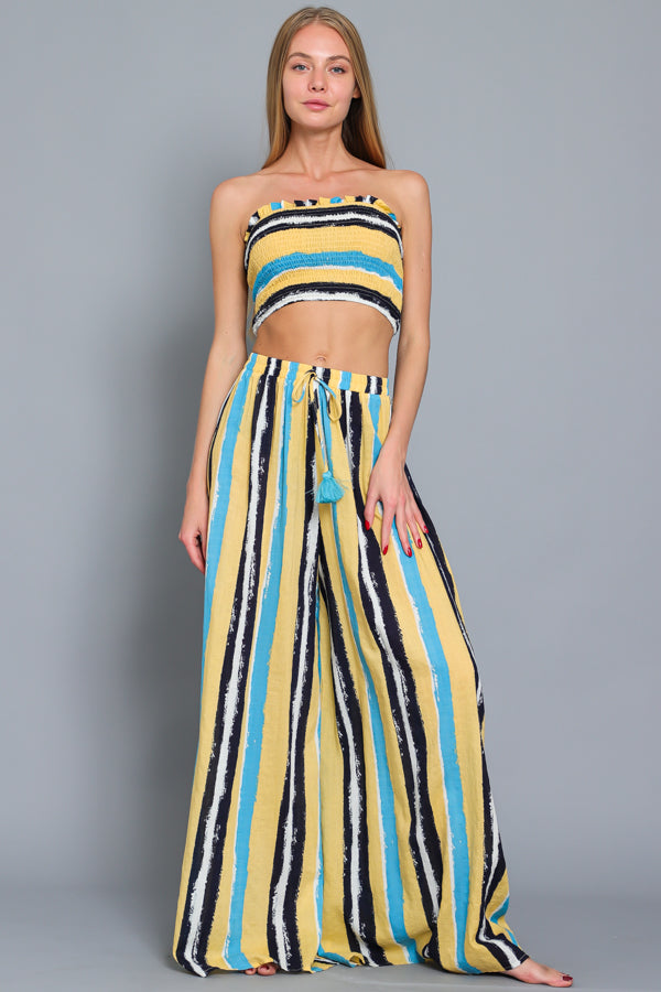 Striped Tube Top and Wide Leg Pants Set