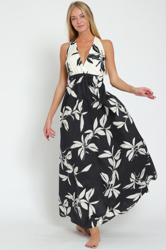 B&W Contrast Leaf Print Maxi Dress