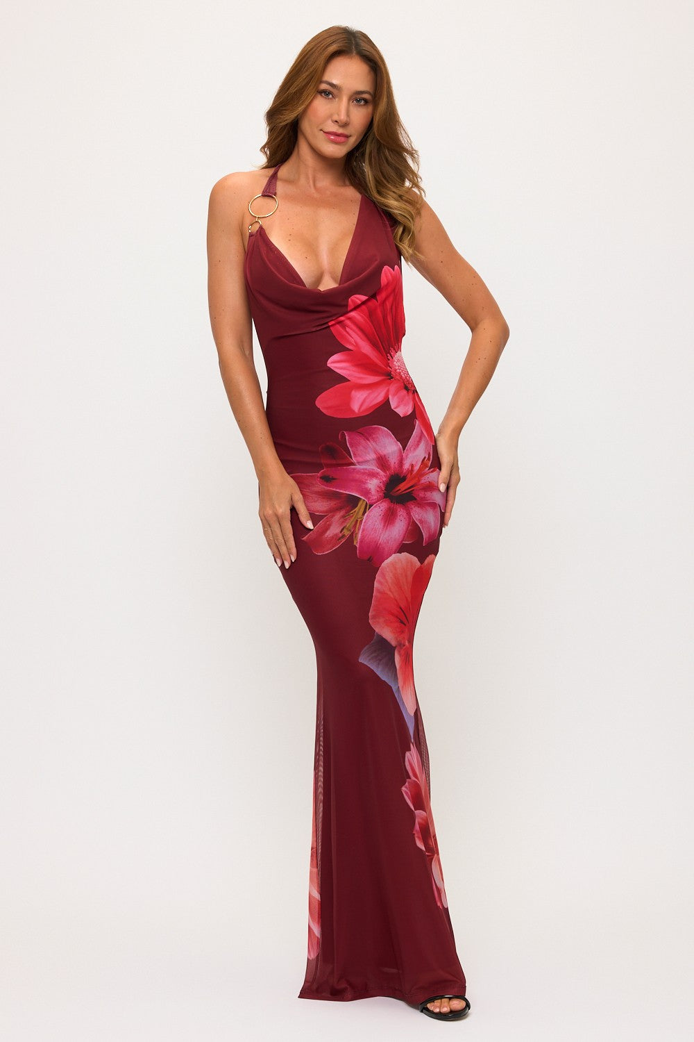 Halter Flower Mesh Maxi Dress