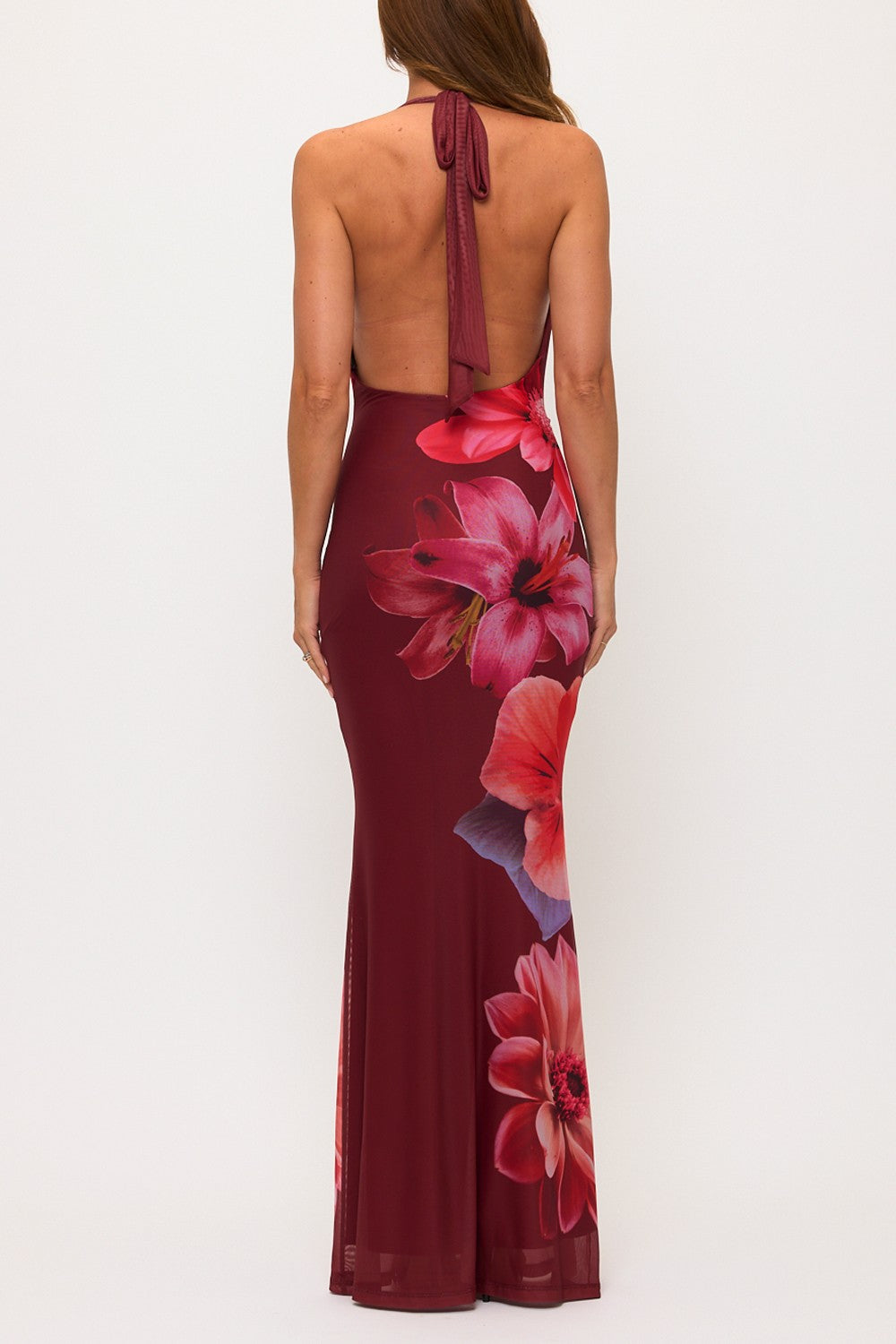 Halter Flower Mesh Maxi Dress