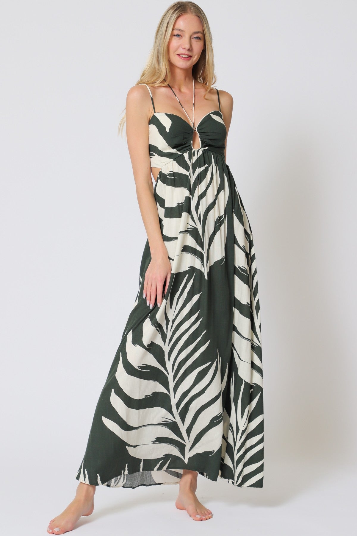 Palm Print Keyhole Halter Maxi Dress