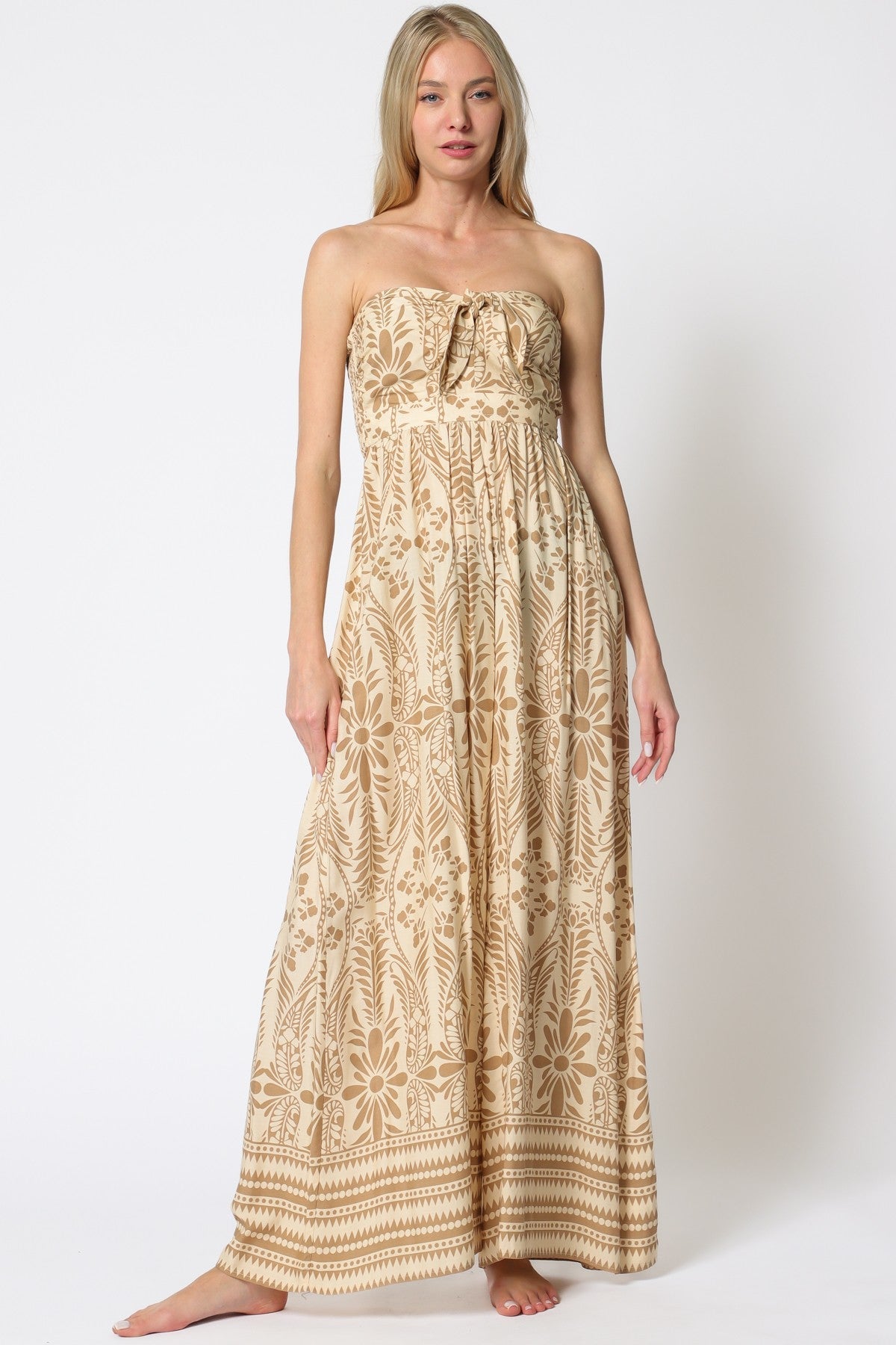 Border Print Strapless Tie Jumpsuit
