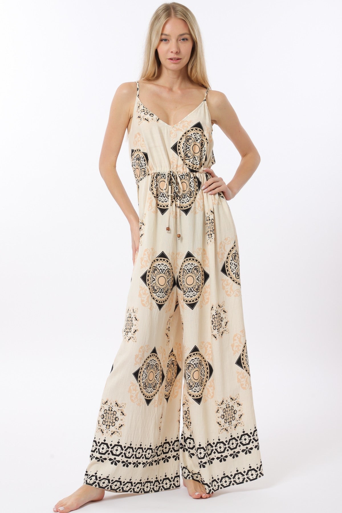 Border Print Tie Waist Jumpsuit