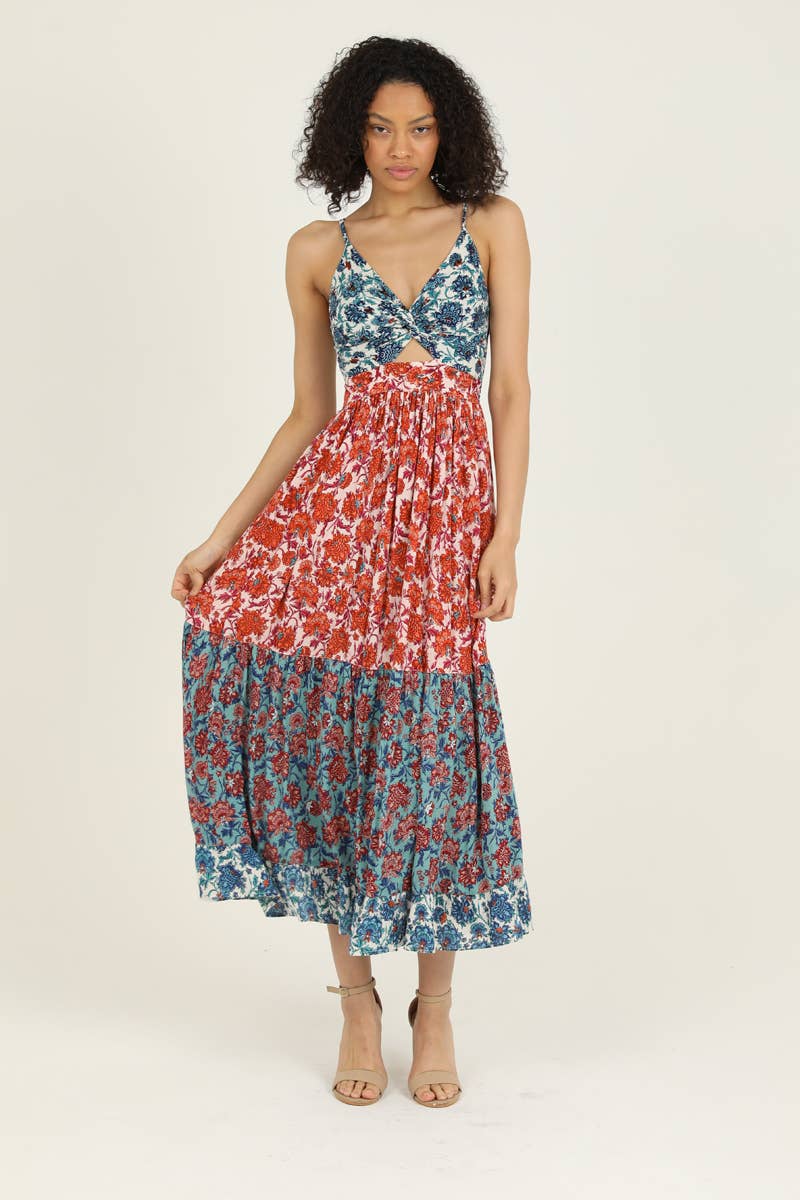 Twist Front Patchwork Maxi Dress