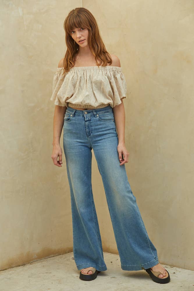 Woven Cotton Embroidery Off The Shoulder Crop Top