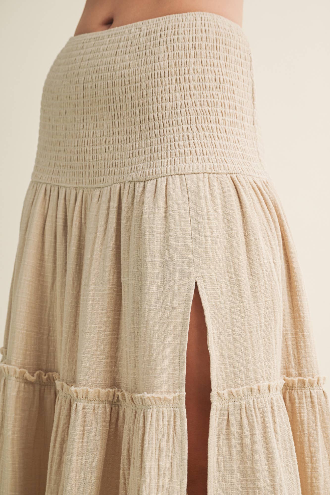 Smocked Waist High Slit Tiered Maxi
