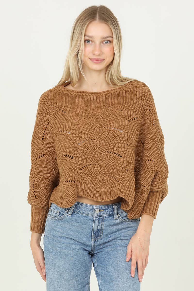 Cable Knit Scalloped Batwing Sweater