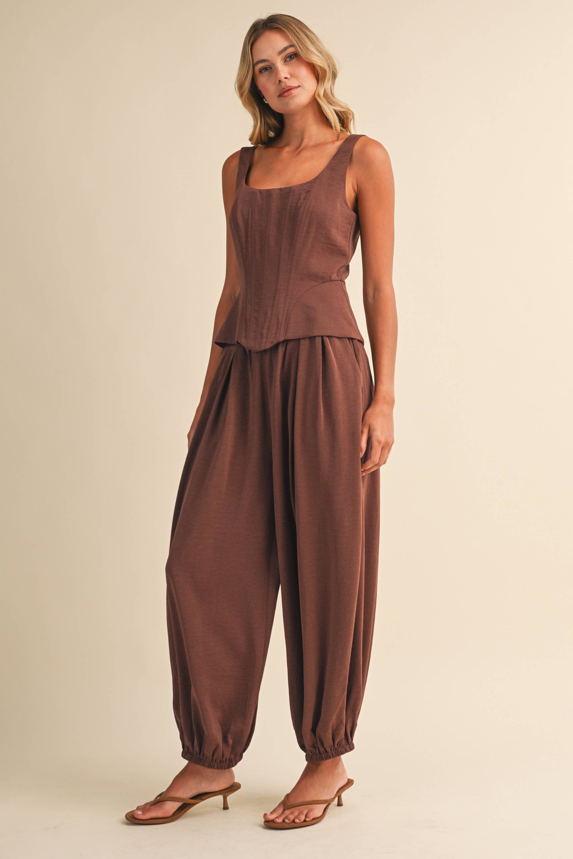 SATIN-LIKE STRUCTURE CORSET TOP AND BALLOON PANTS (sold separately)