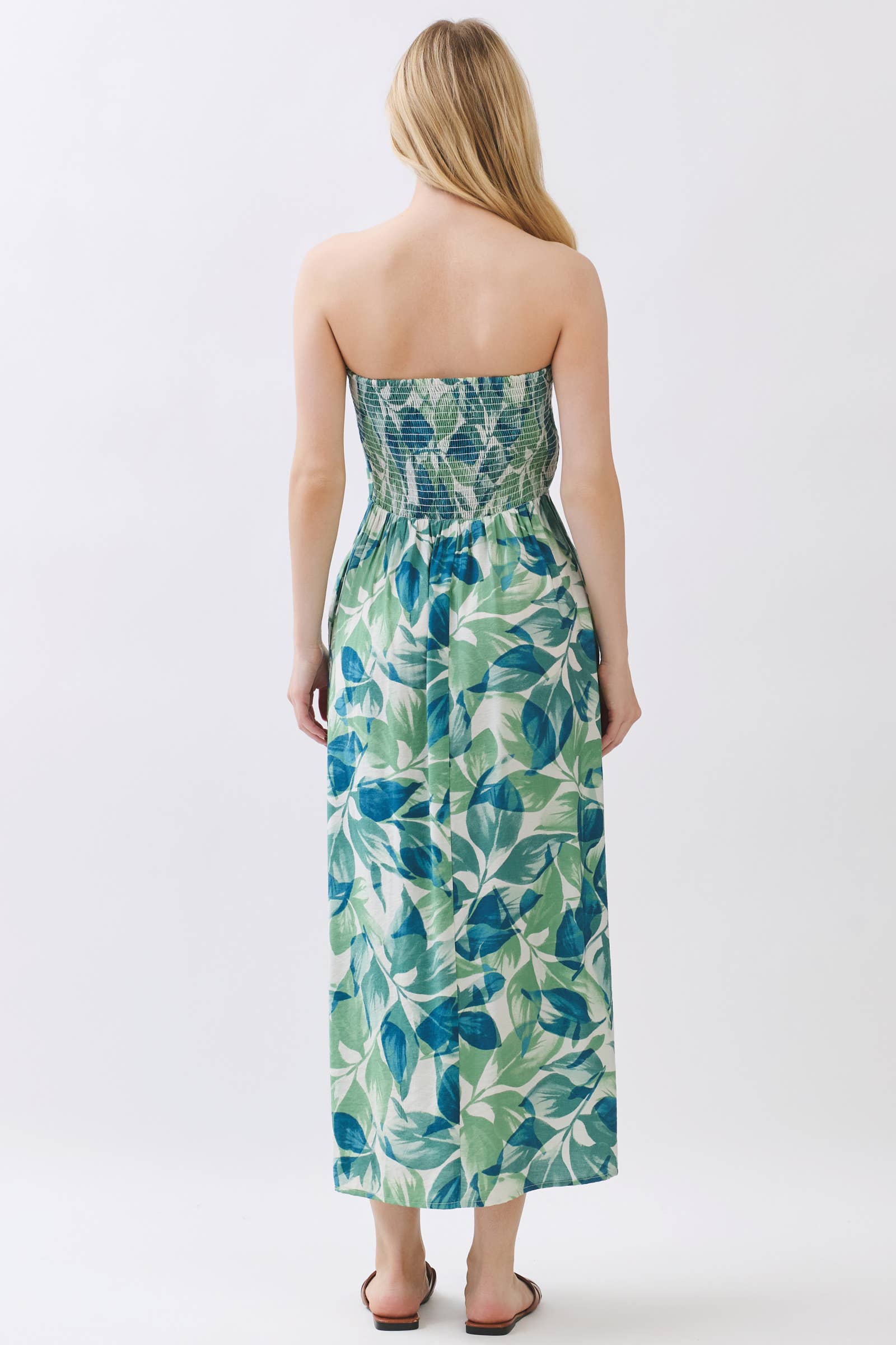 Leaf Print Tube Top Midi Dress