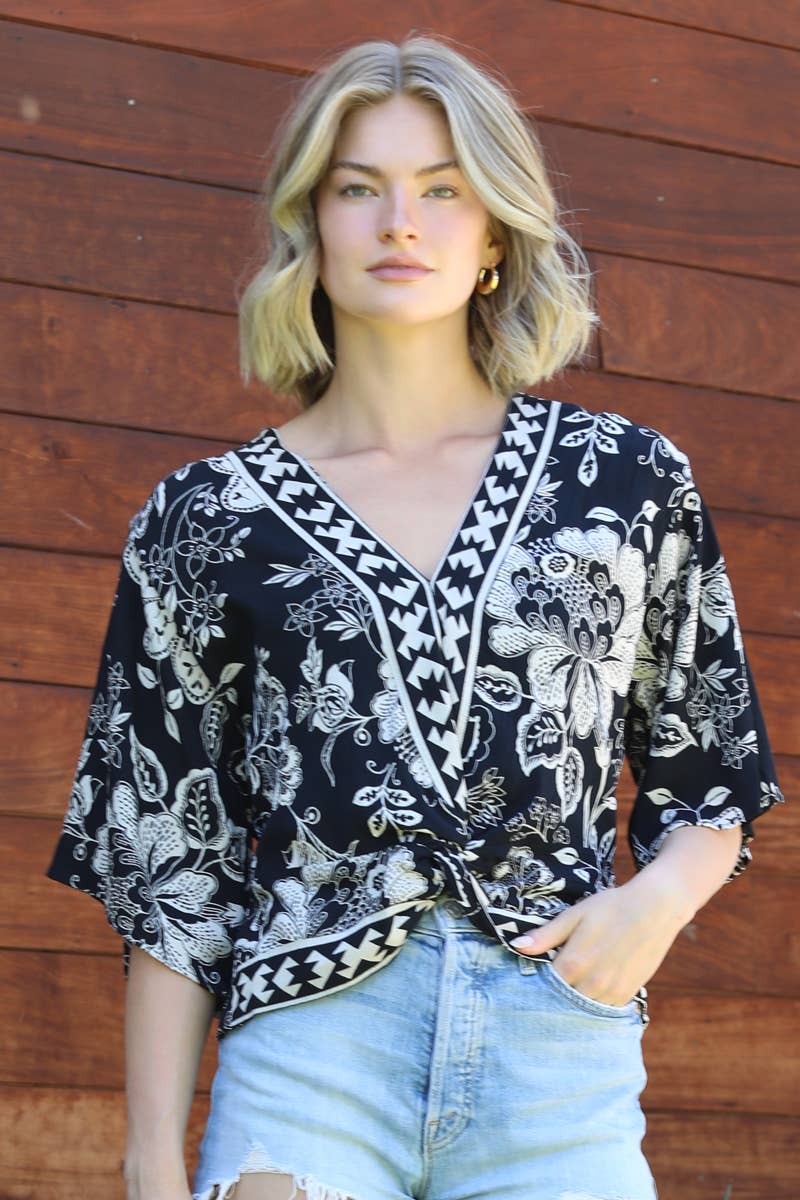 Twist Front Border Print Top