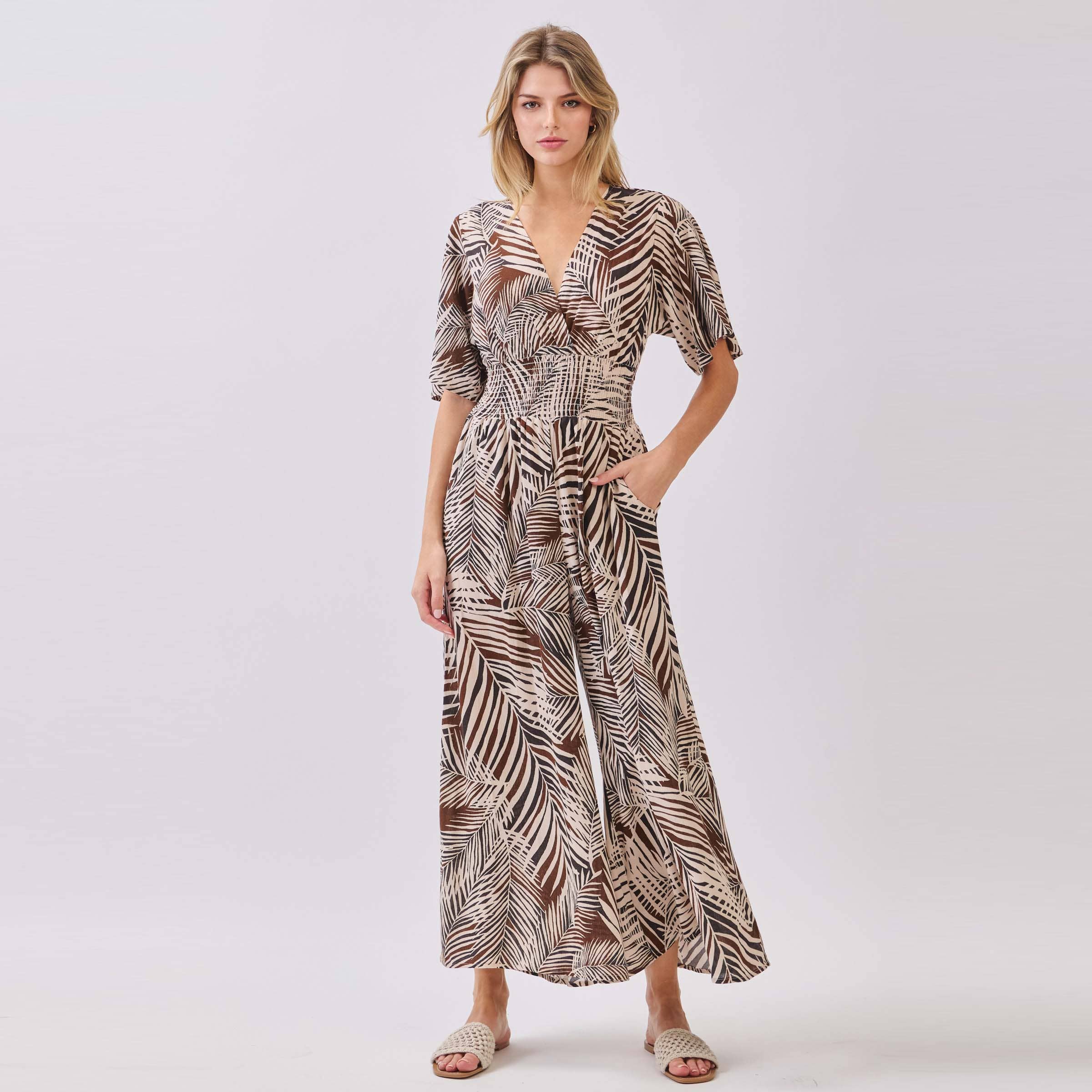 Tropical Print Surplice and Wide Leg Jumpsuit