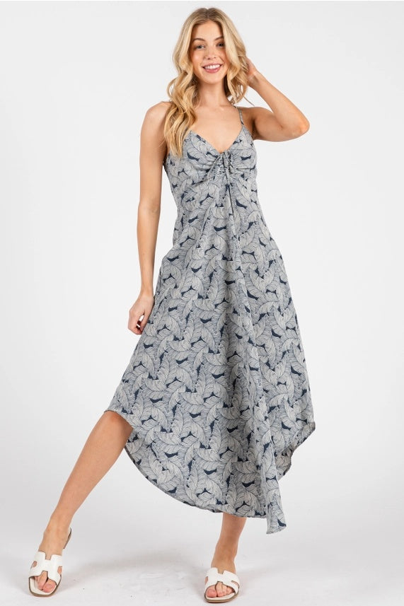 Palm Leaf Ruche Front Midi Dress