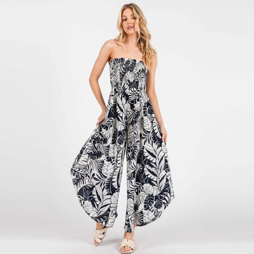 Tropical Strapless Smocked Jumpsuit