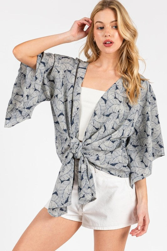 Palm Leaf Print Tie Front Top