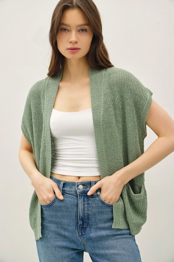 Knit Short Sleeved Open Cardigan