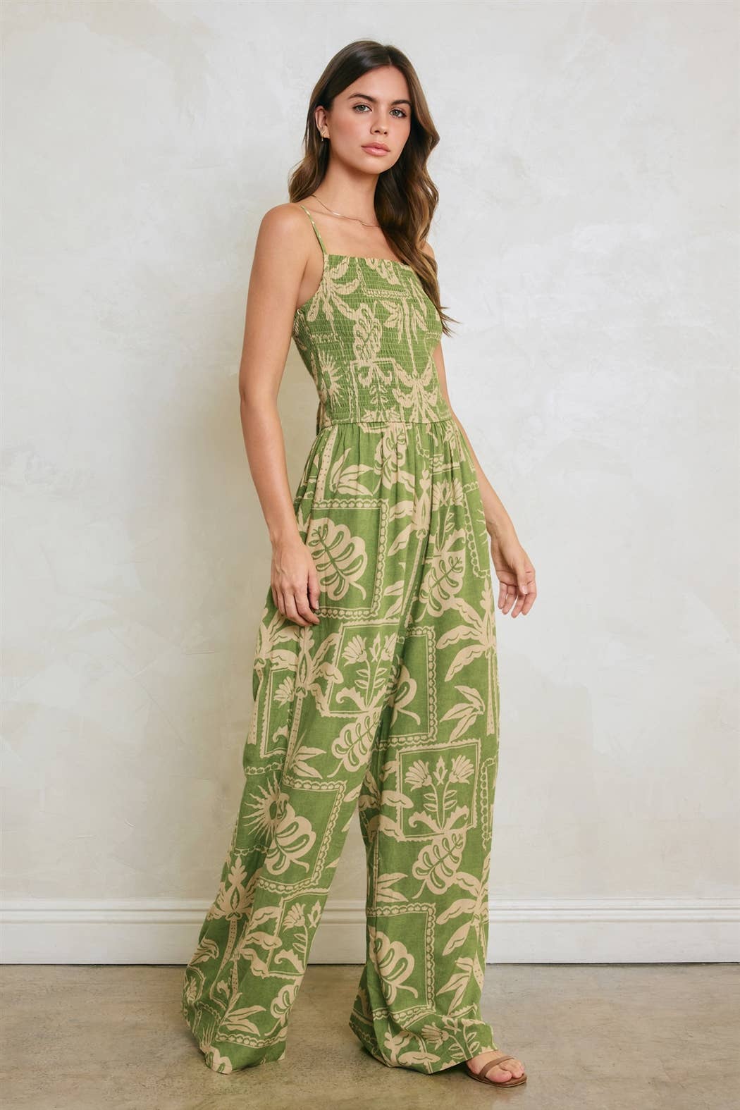Tropical Conversational Smocked Wide Leg Jumpsuit