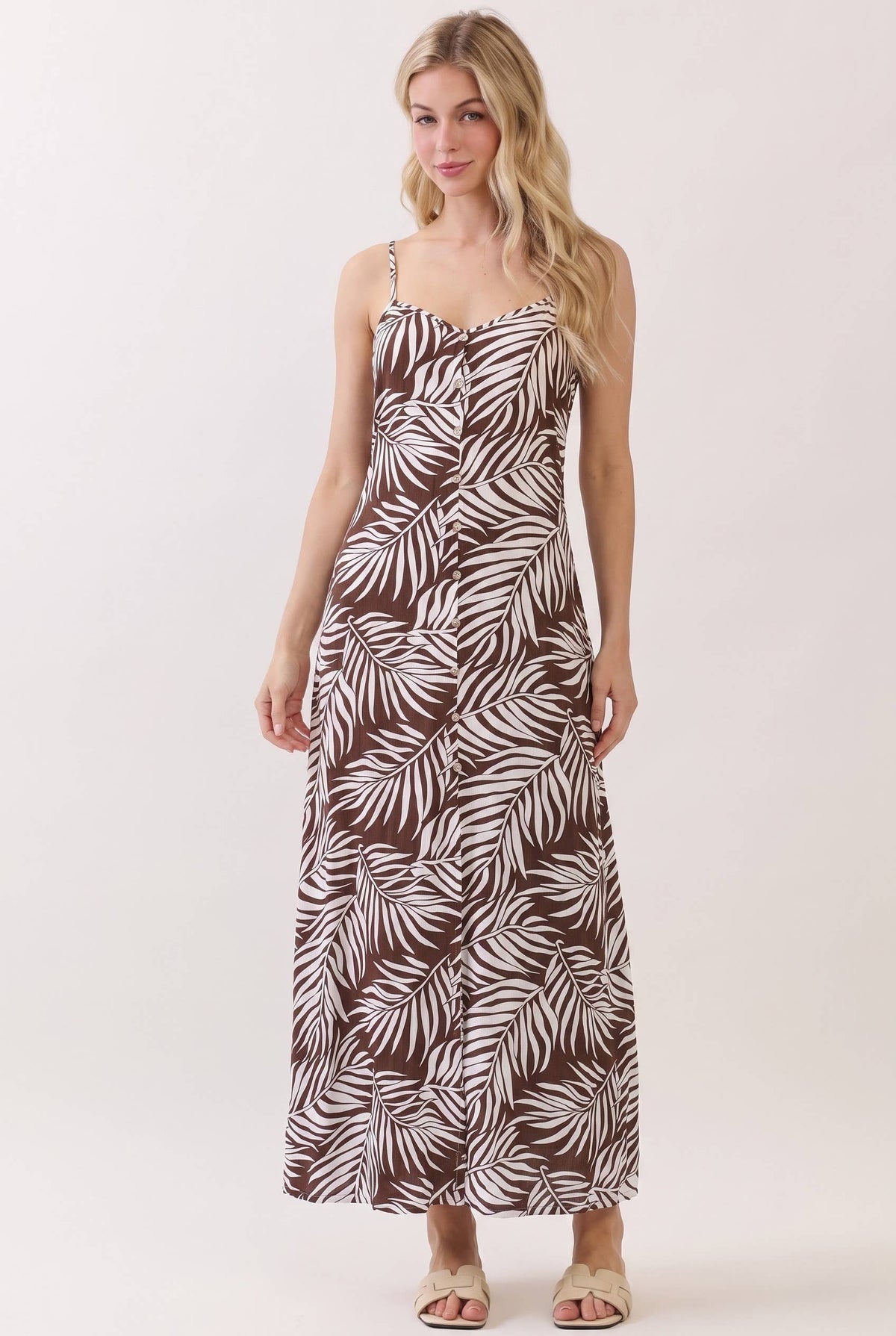 Button Trim Flowy Maxi Dress