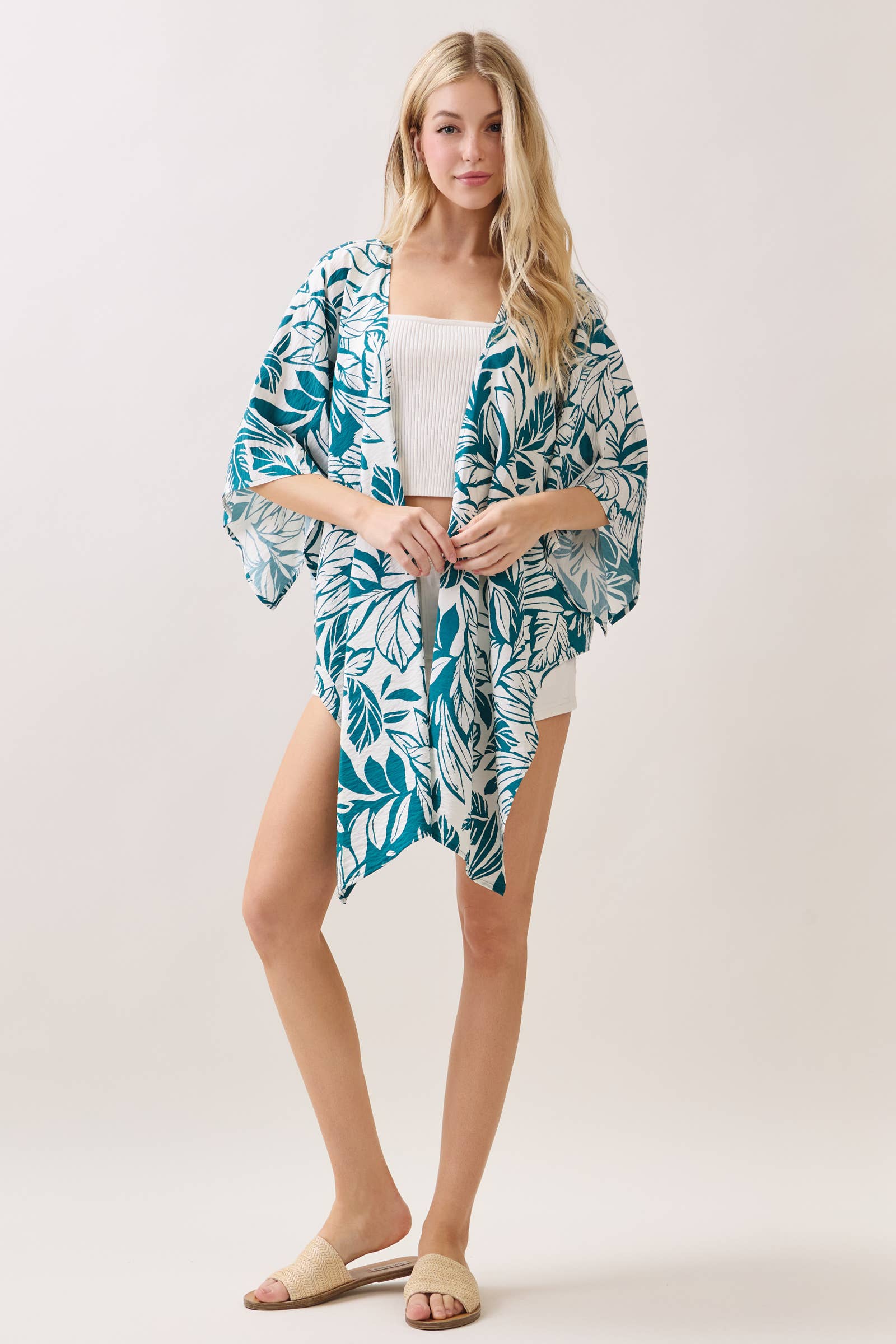 Tropical Print 3/4 Sleeve Tie Front Top