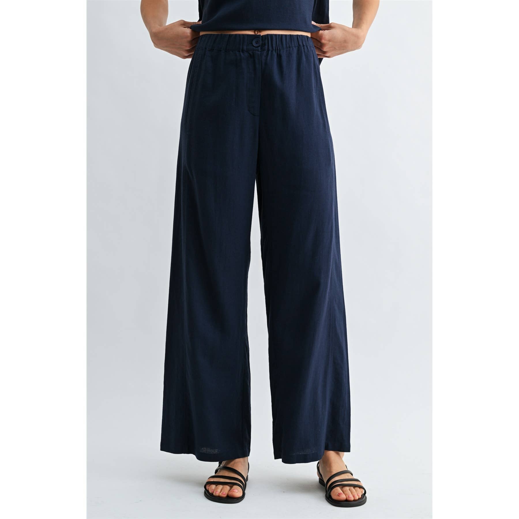 LINEN BLEND ELASTIC WAIST BUTTON FRONT PANTS