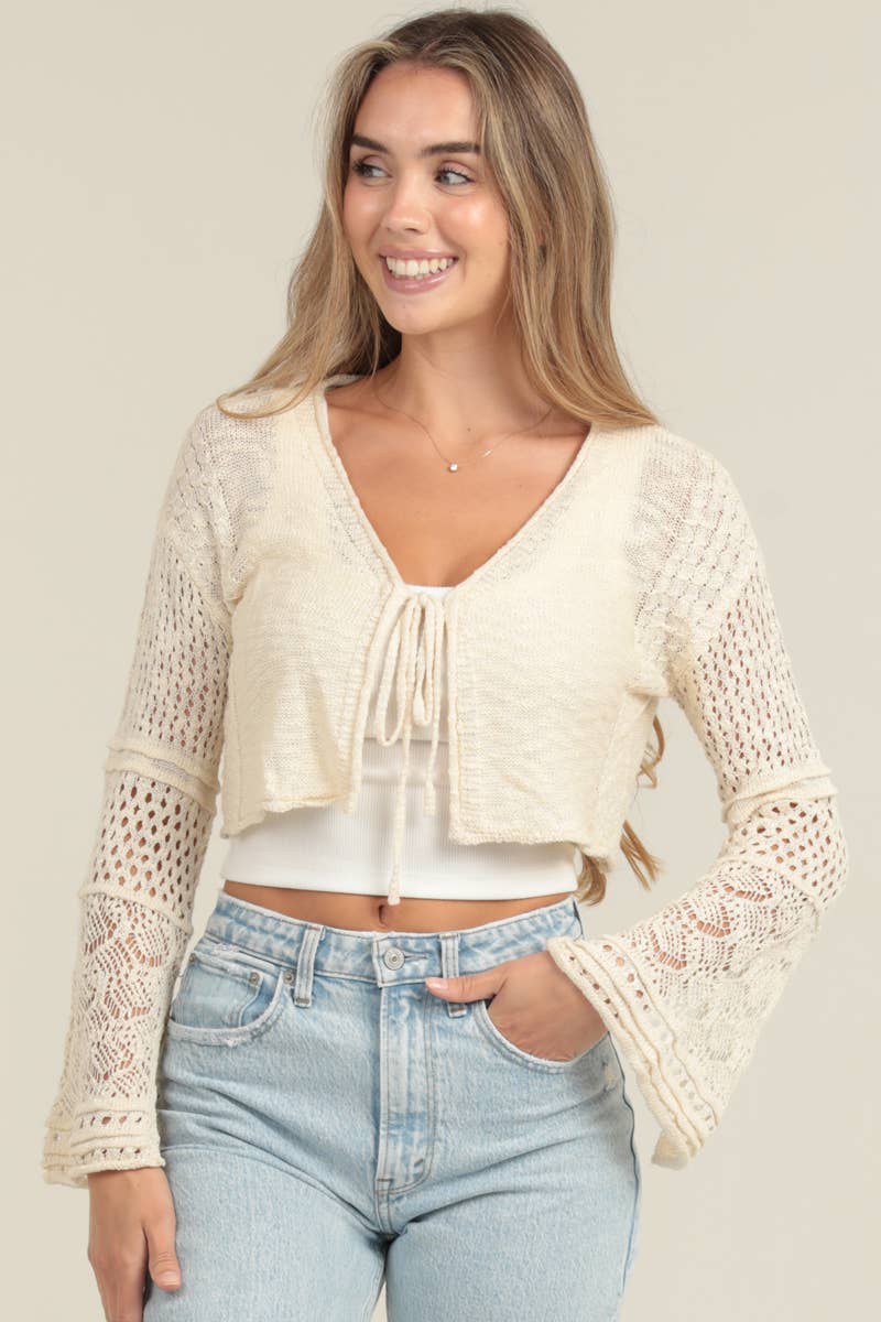 Crochet Flare Sleeve Tie Front Cardigan