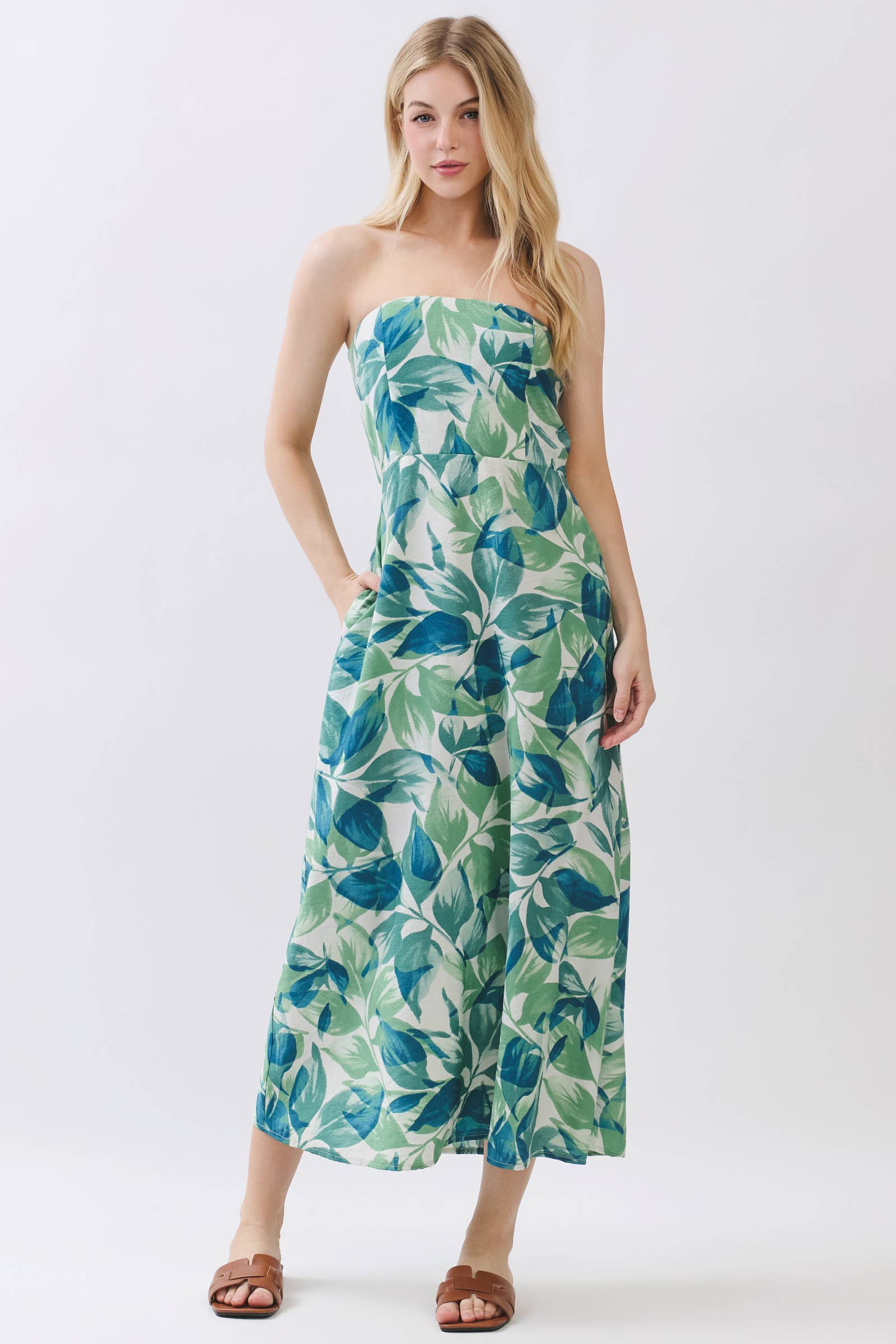 Leaf Print Tube Top Midi Dress