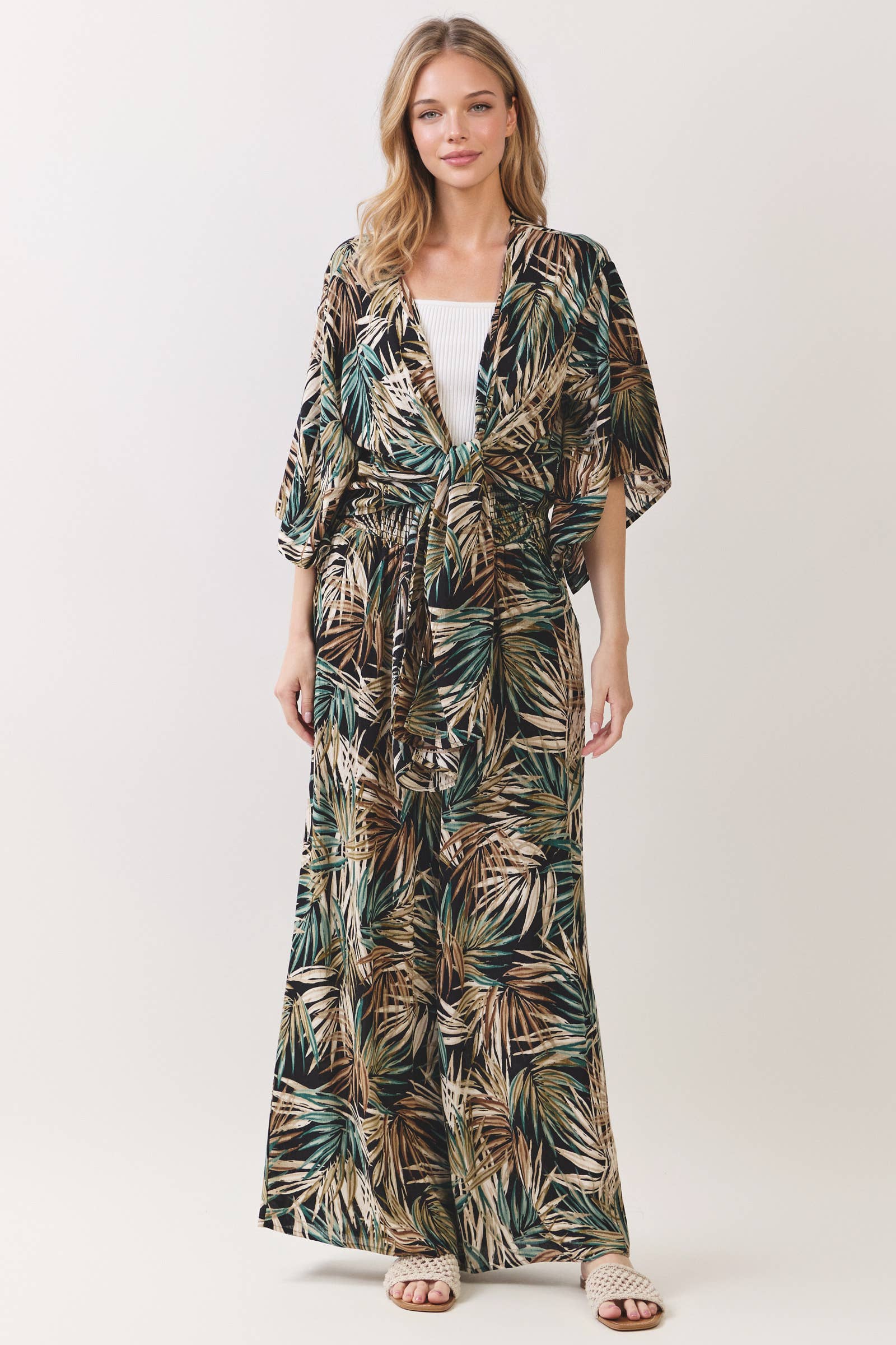 TROPICAL LEAF PRINT WIDE LEG PANTS