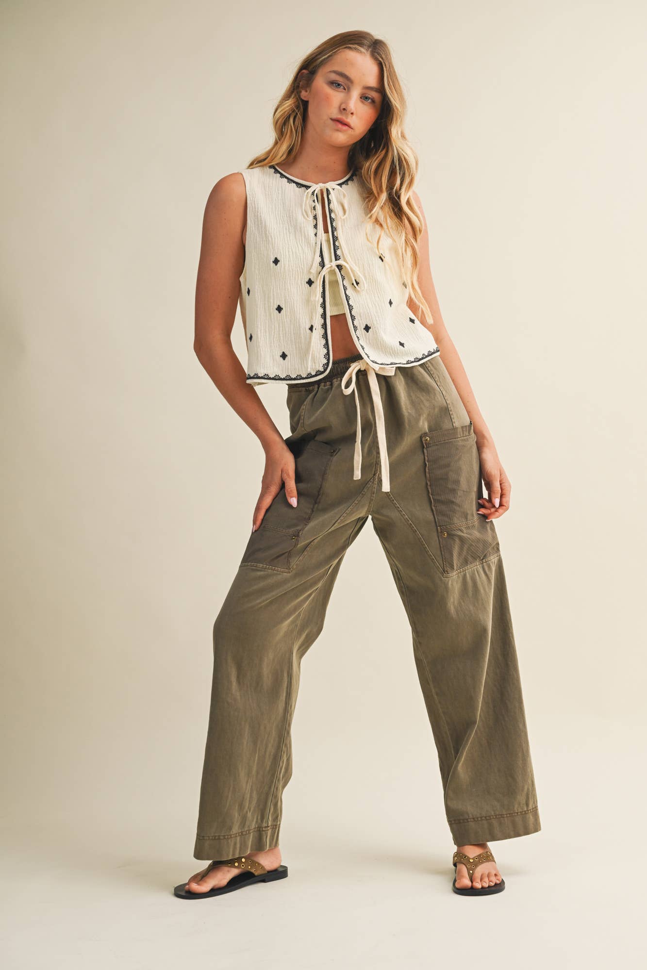 Drawstring Waist Wide Leg Utility Trouser
