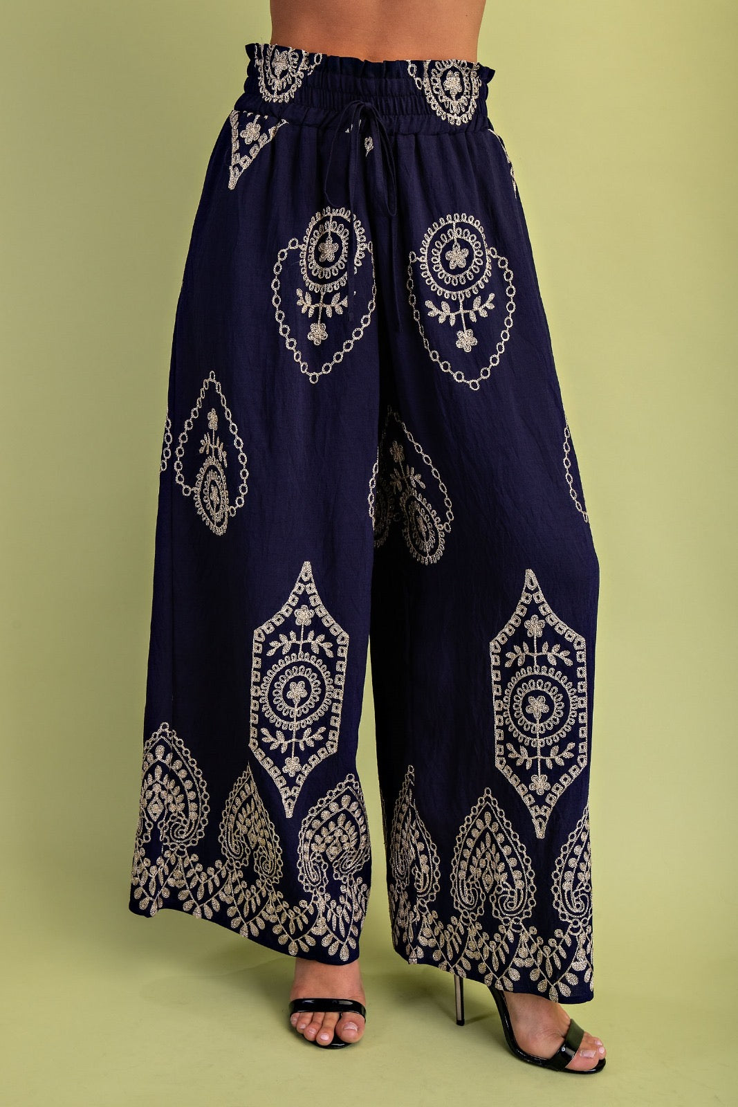 Metallic Embroidered Wide Leg Pants