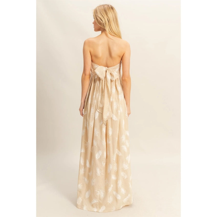 Leaf Print Strapless Tie Back Maxi