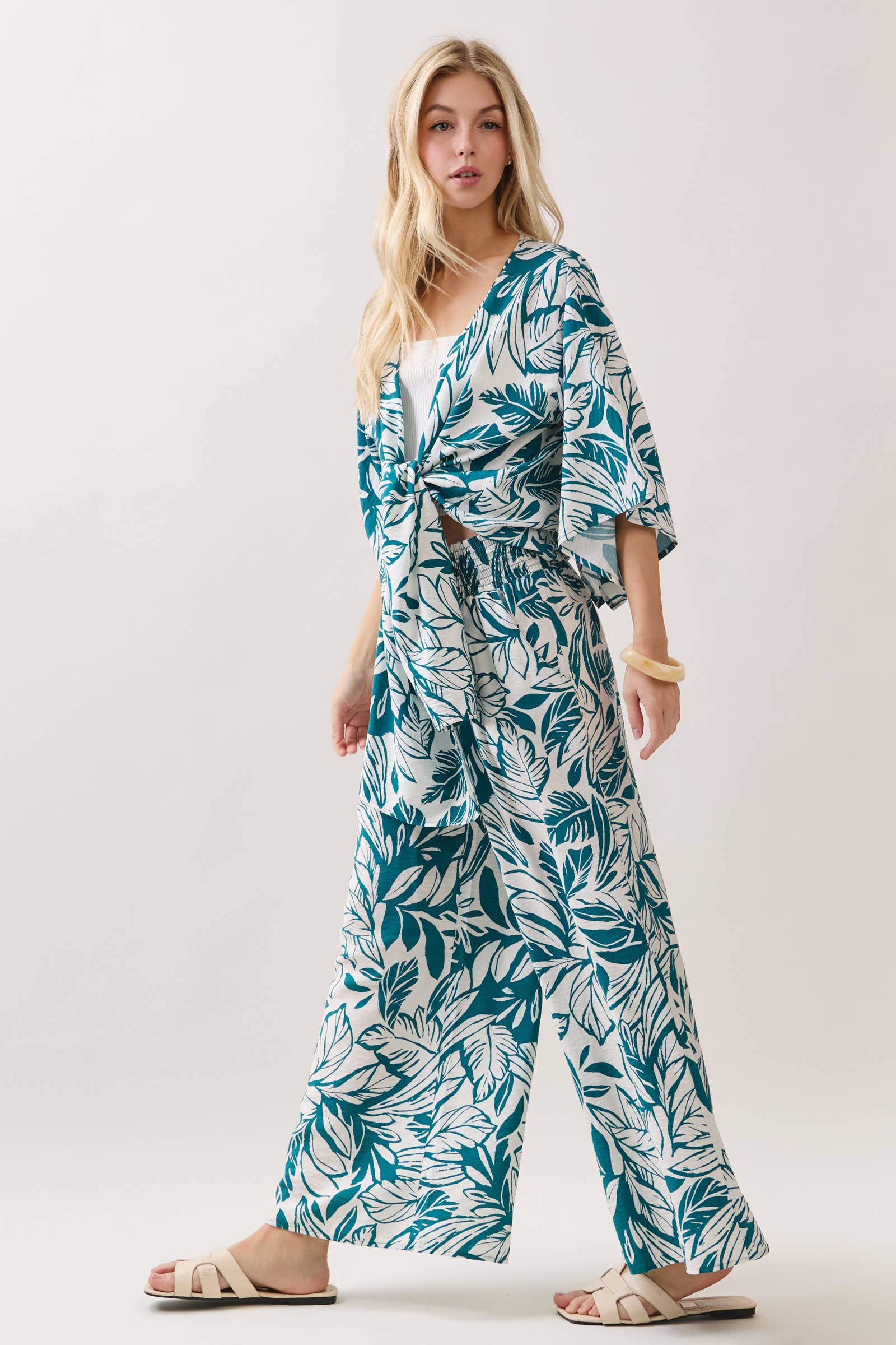 Leaf Print Smock Waist Pants
