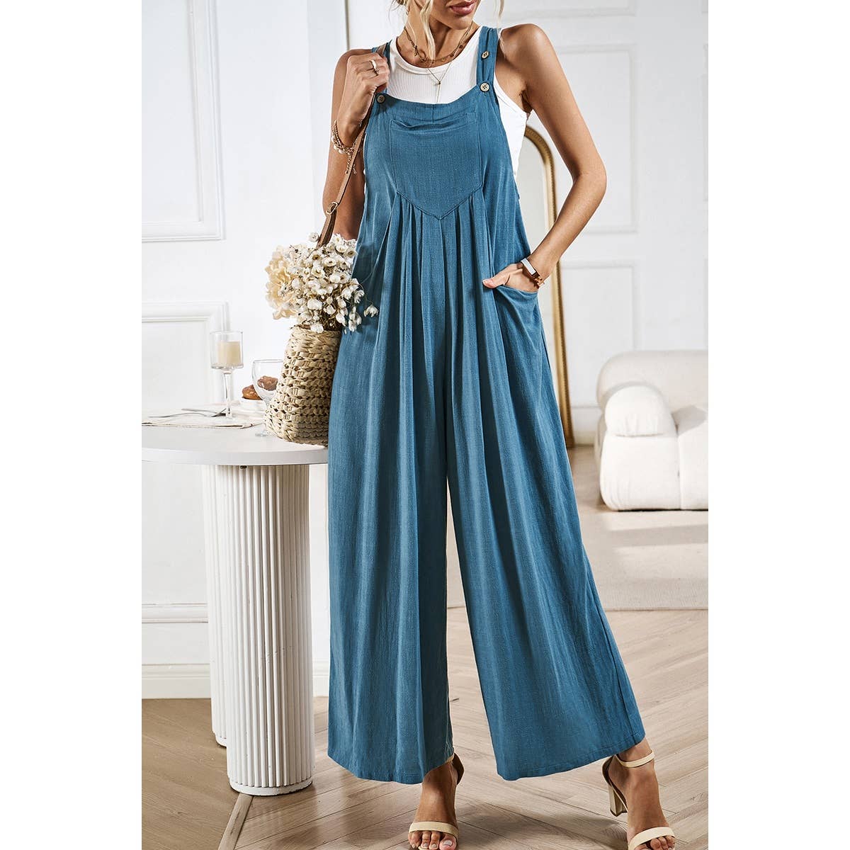 Wide Leg Pocket Shoulder Tie Overalls