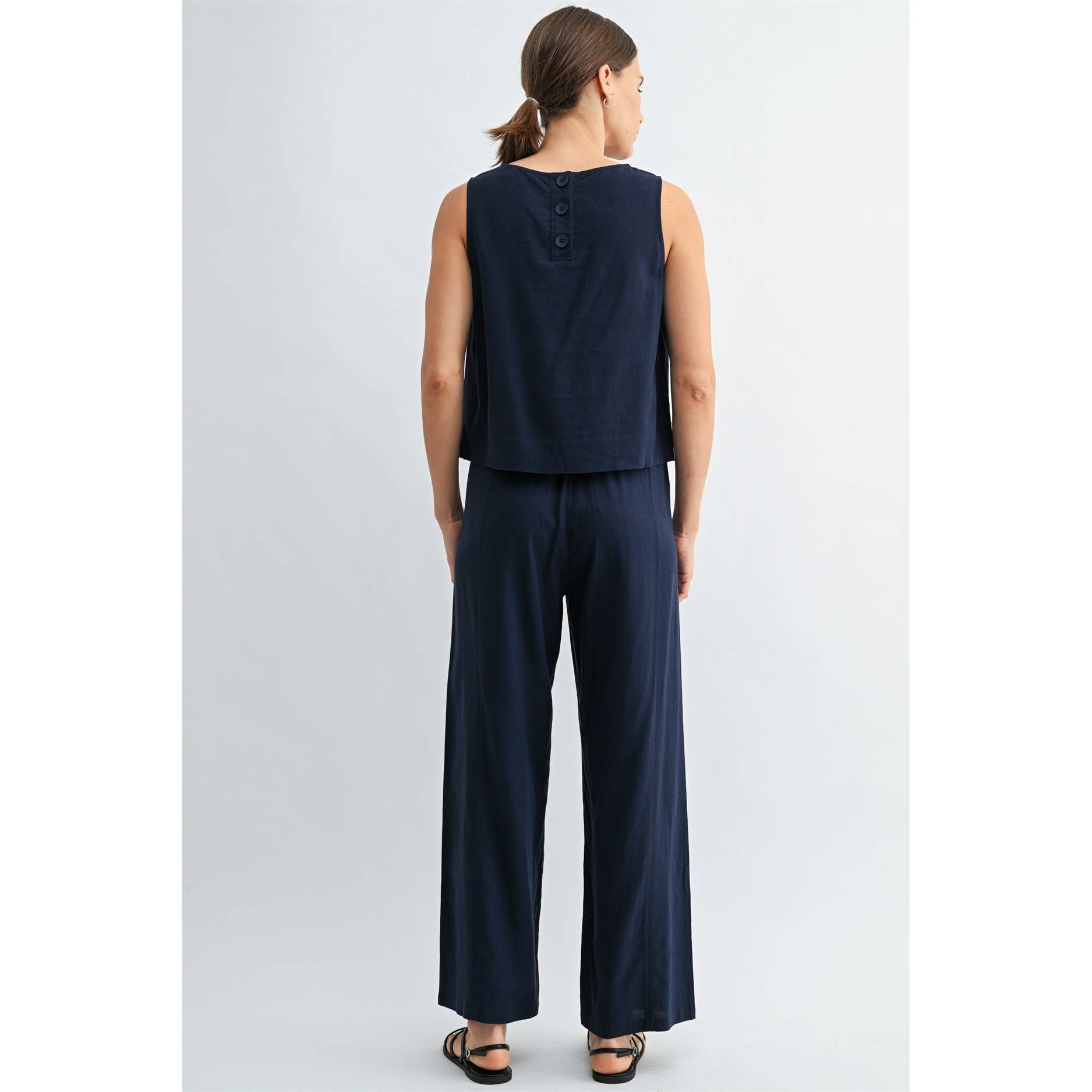 LINEN BLEND ELASTIC WAIST BUTTON FRONT PANTS