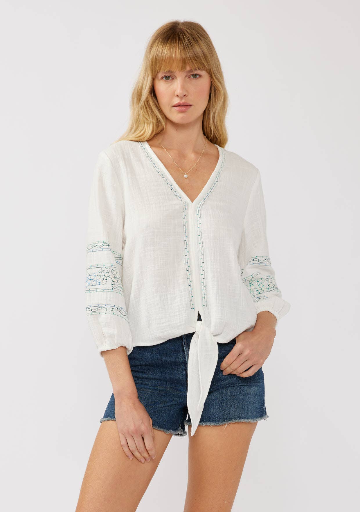 3/4 Embroidered Sleeve Tie Front Top