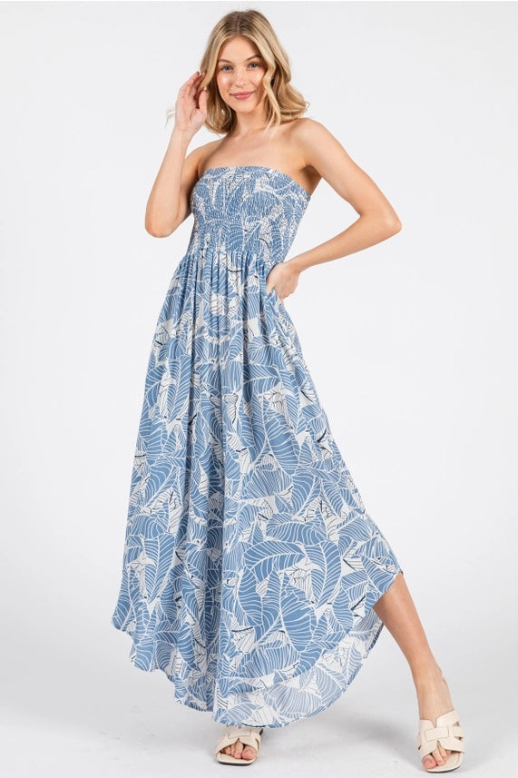 Leaf Print Smock Strapless Jumpsuit