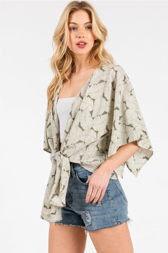 Palm Leaf Print Tie Front Top