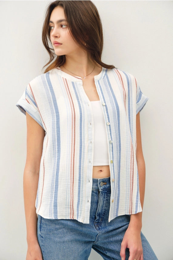 Gauzy Stripe Button Up Top