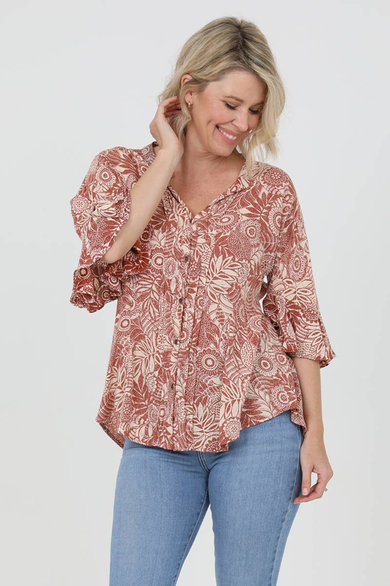 Ruffle Sleeve Button Up Top