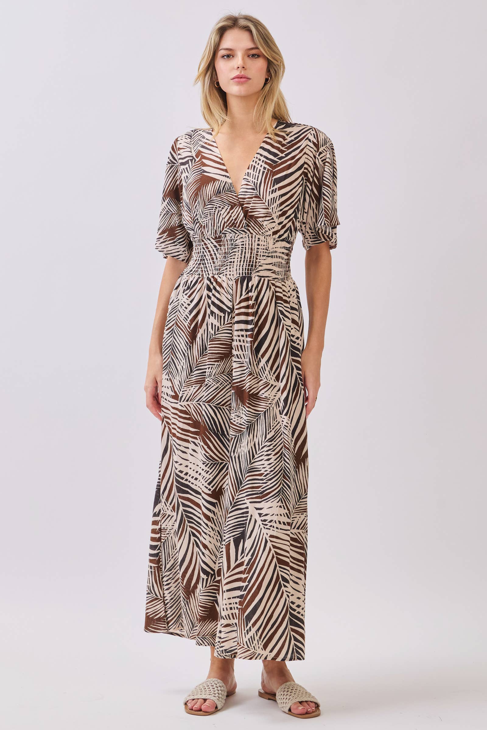 Tropical Print Surplice and Wide Leg Jumpsuit