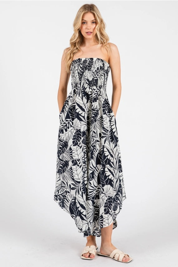 Tropical Strapless Smocked Jumpsuit