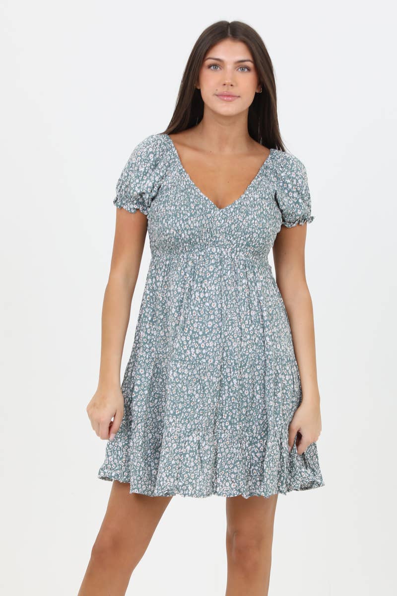 Ditsy V-Neck Puff Sleeve Dress