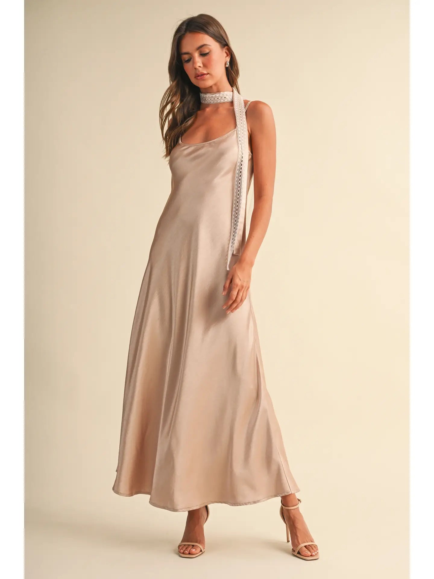 SLEEVELESS SATIN MIDI DRESS W/ SCARF