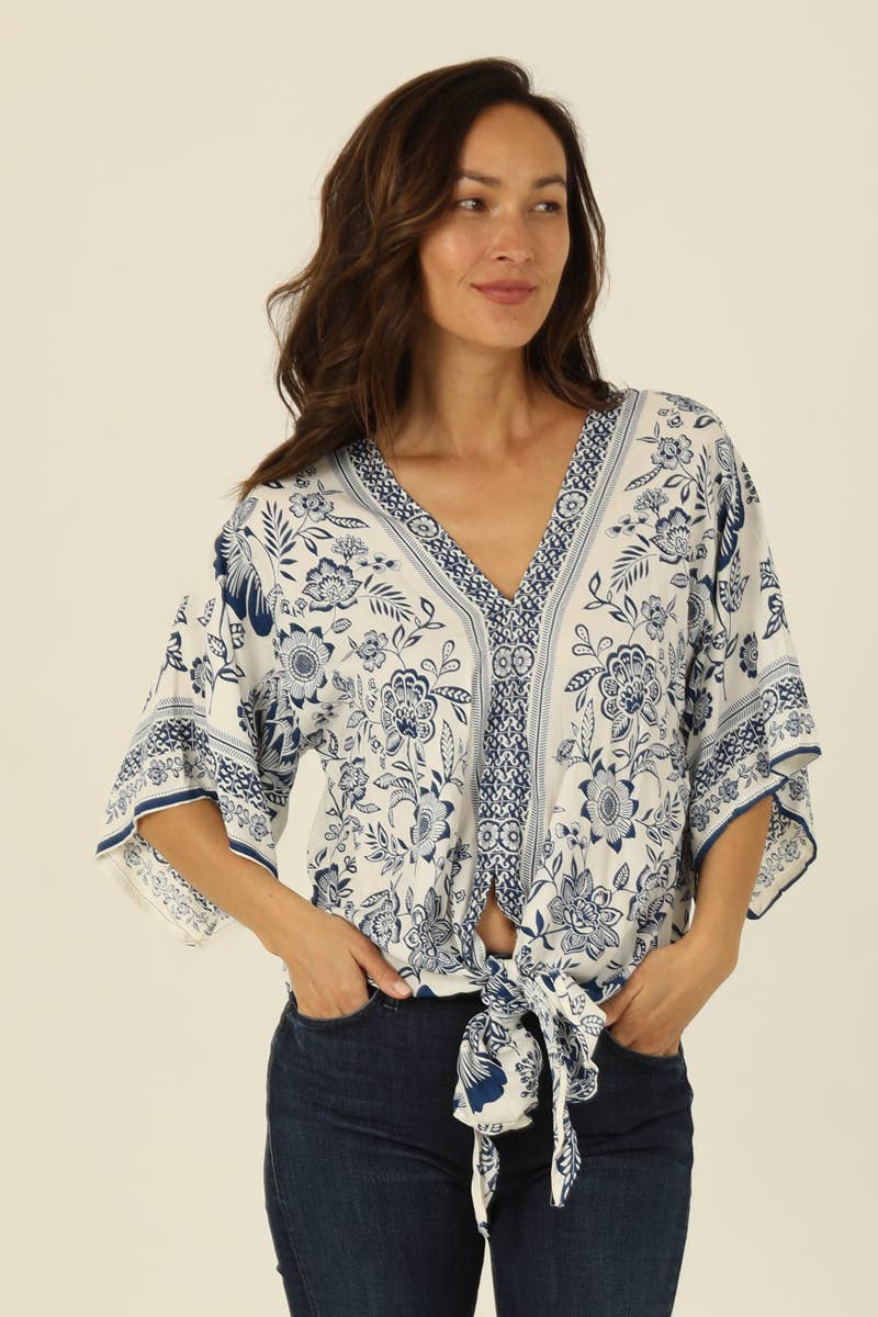 Coastal V-Neck Tie Hem Blouse