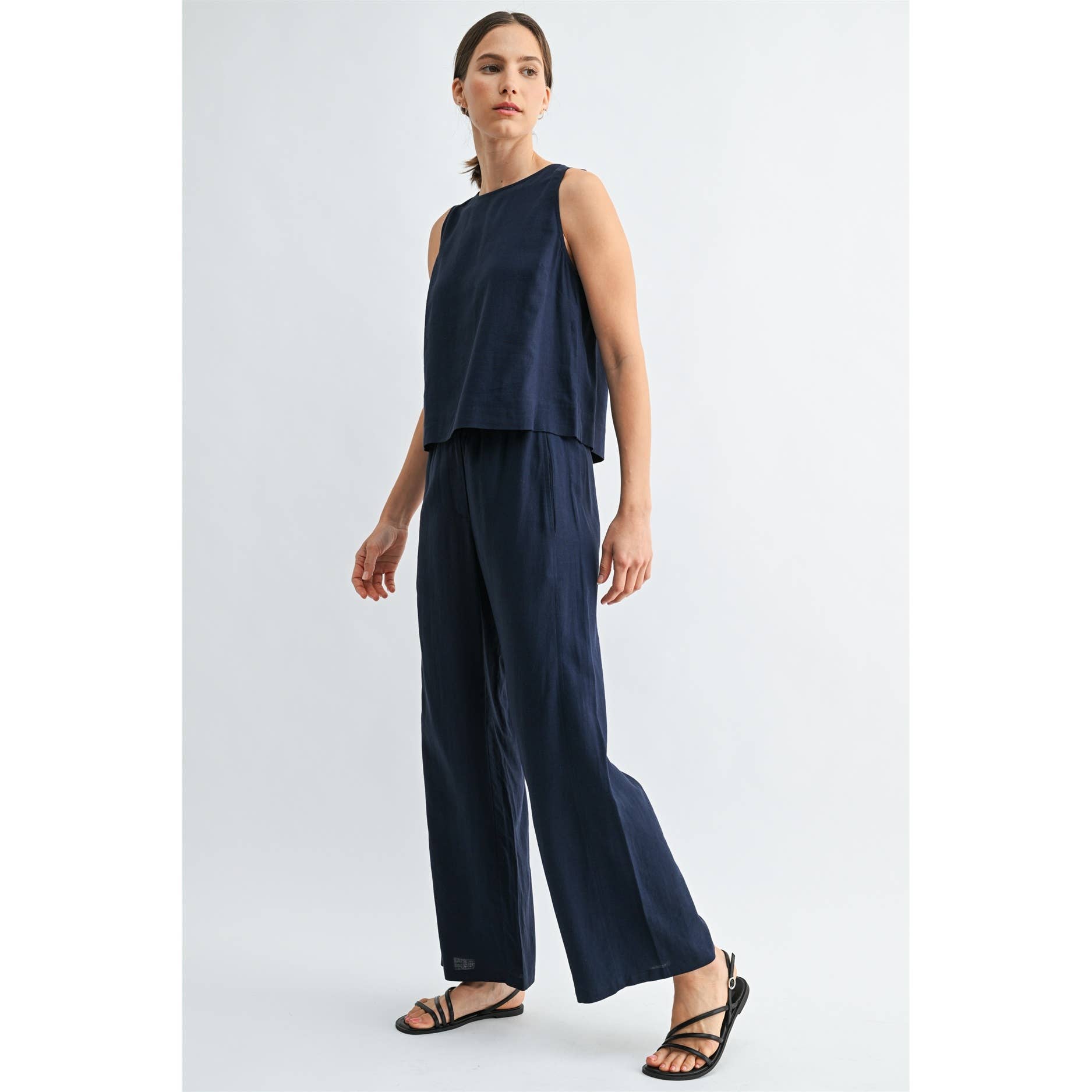 LINEN BLEND ELASTIC WAIST BUTTON FRONT PANTS