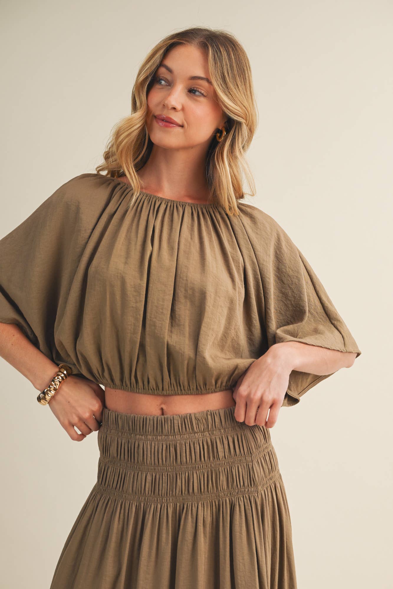 Shirred Waistband Voluminous Sleeve Blouse