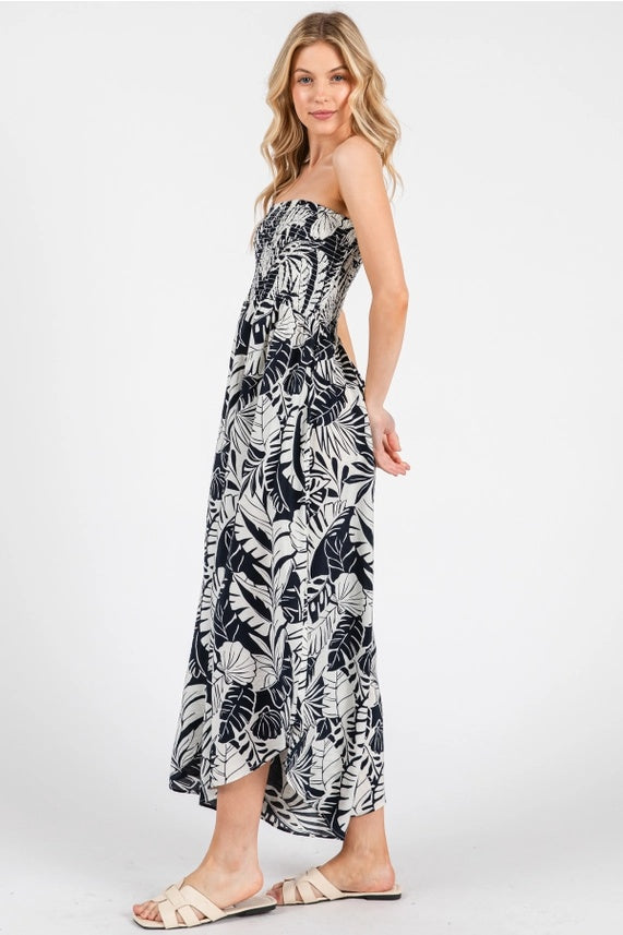 Tropical Strapless Smocked Jumpsuit