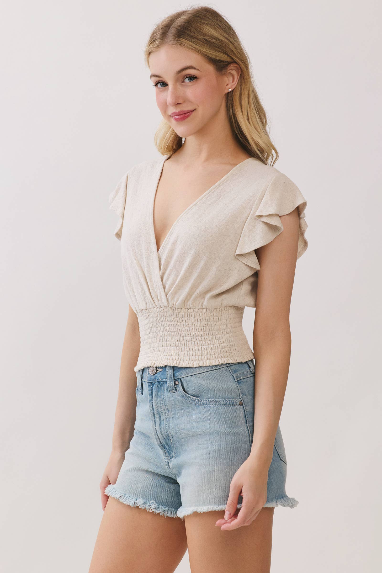 Linen Flutter Sleeve Smocked Top