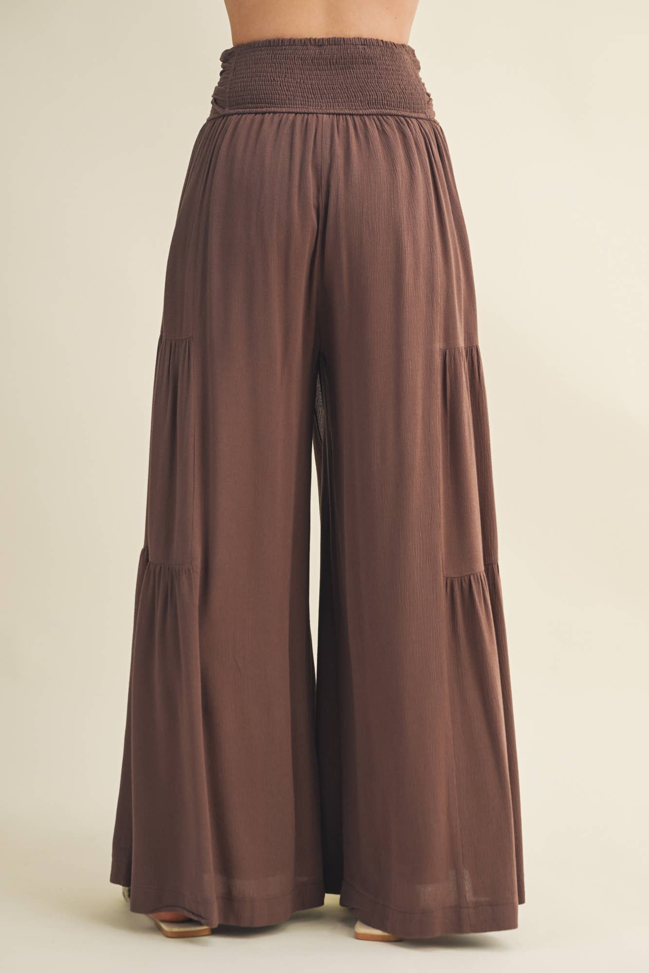 Smocked Tie-Waist Tiered Palazzo Pant